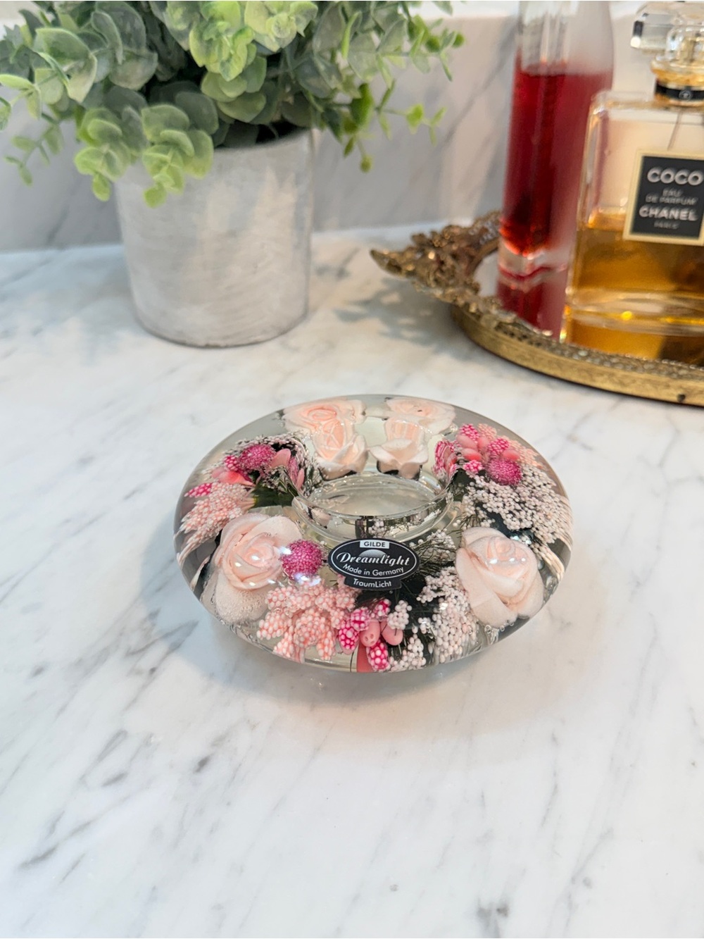 Gilde Dreamlight Glass Candle Holder with Flowers "Little Rose' Made in Germany - Picture 4 of 15